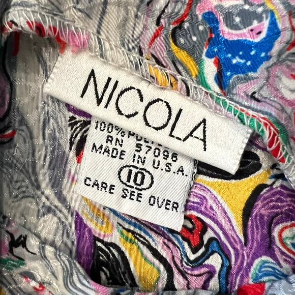 Vintage 80s Gray Rainbow Blue Pink Swirl Satin Scoop Neck Blouse size 10 / M - Picture 6 of 11